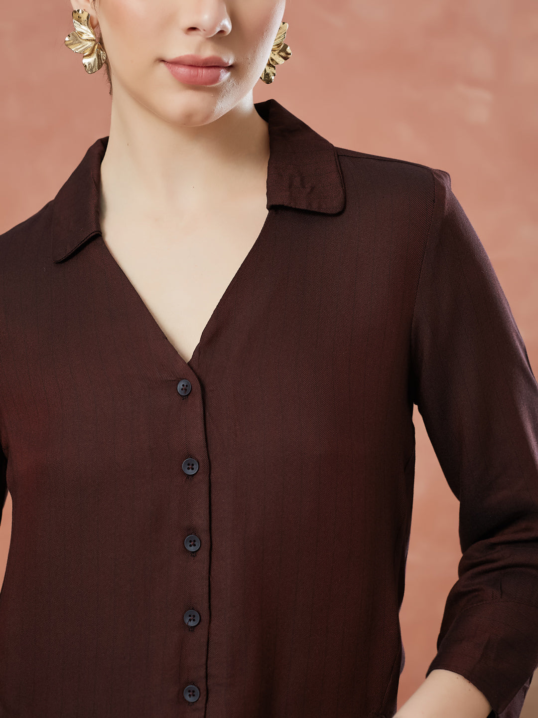 Latin Quarters Women's Maroon 3/4Th Sleeves Solid Collar Neck Formal Shirt