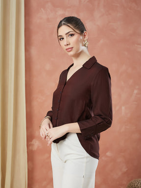 Latin Quarters Women's Maroon 3/4Th Sleeves Solid Collar Neck Formal Shirt