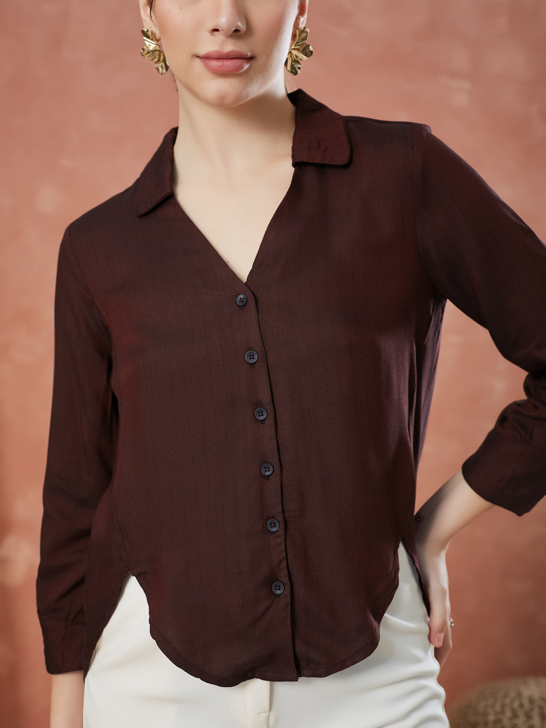 Latin Quarters Women's Maroon 3/4Th Sleeves Solid Collar Neck Formal Shirt