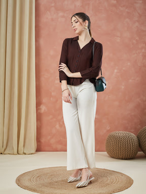 Latin Quarters Women's Maroon 3/4Th Sleeves Solid Collar Neck Formal Shirt