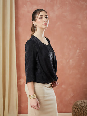 Latin Quarters Women's Black 3/4Th Sleeves Sequin Round Neck Evening Top