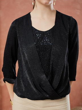 Latin Quarters Women's Black 3/4Th Sleeves Sequin Round Neck Evening Top