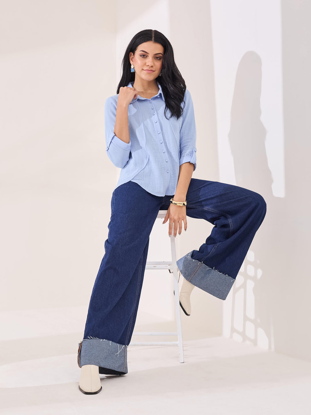 Latin Quarters Women's Blue Solid 3/4th Sleeve Collar Neck Casual Shirt