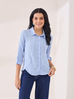 Latin Quarters Women's Blue Solid 3/4th Sleeve Collar Neck Casual Shirt