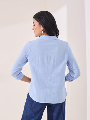 Latin Quarters Women's Blue Solid 3/4th Sleeve Collar Neck Casual Shirt