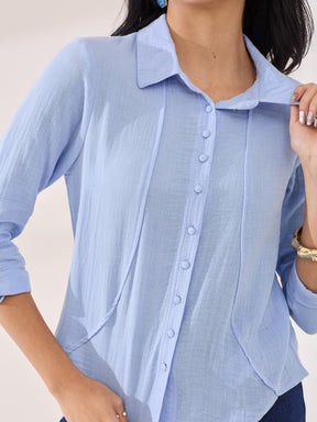 Latin Quarters Women's Blue Solid 3/4th Sleeve Collar Neck Casual Shirt