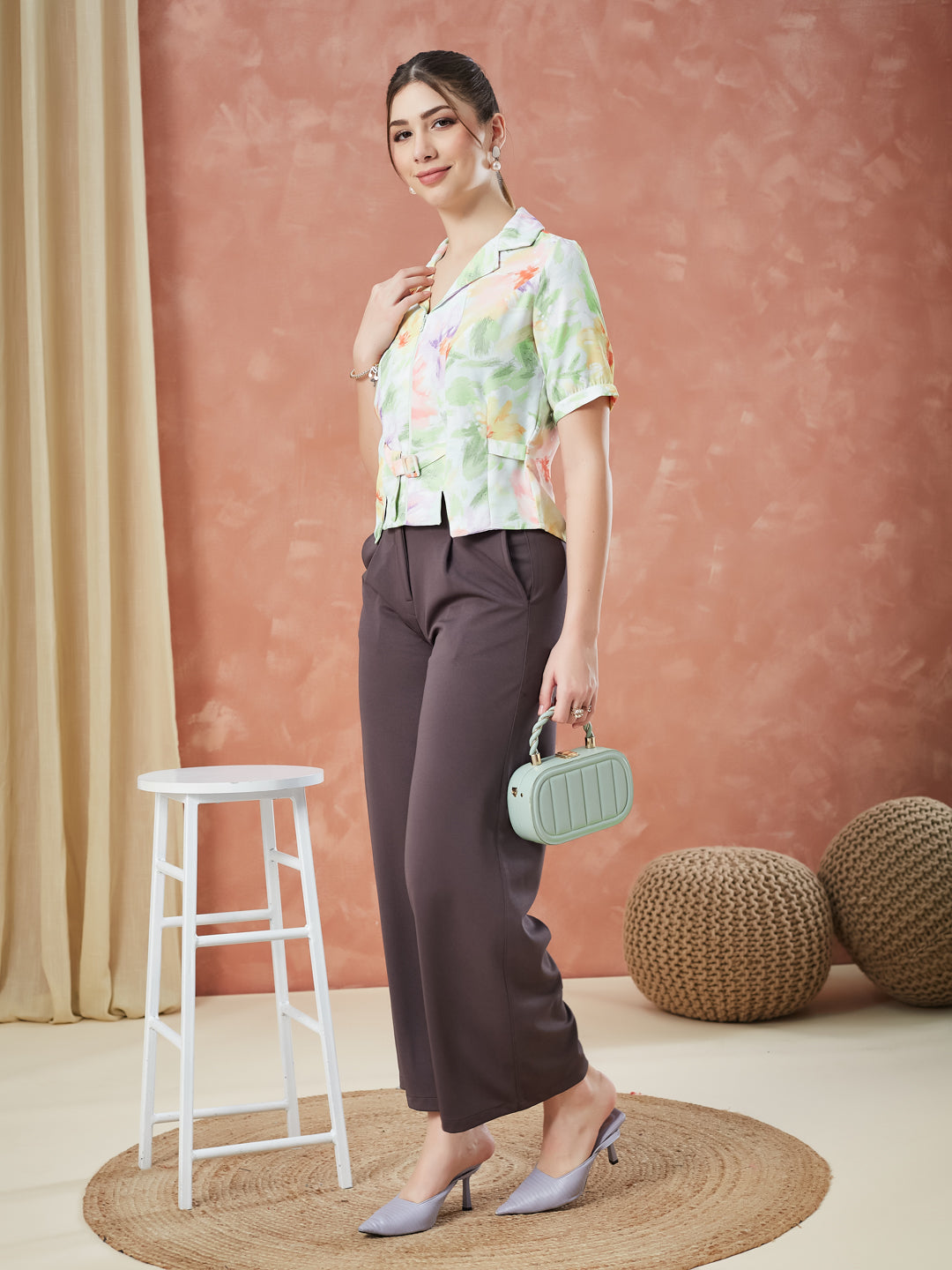 Latin Quarters Women's Green Half Sleeves Printed Collar Neck Casual Top