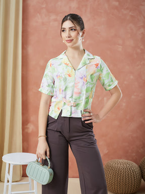 Latin Quarters Women's Green Half Sleeves Printed Collar Neck Casual Top