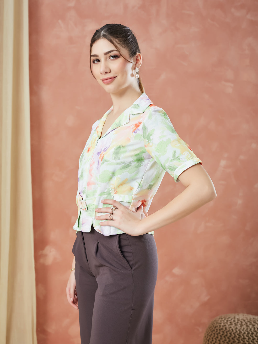 Latin Quarters Women's Green Half Sleeves Printed Collar Neck Casual Top