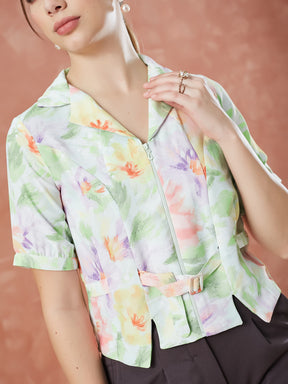 Latin Quarters Women's Green Half Sleeves Printed Collar Neck Casual Top