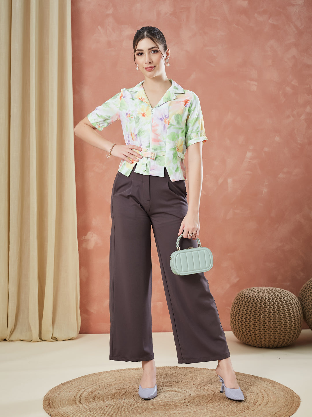 Latin Quarters Women's Green Half Sleeves Printed Collar Neck Casual Top