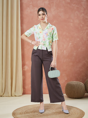 Latin Quarters Women's Green Half Sleeves Printed Collar Neck Casual Top