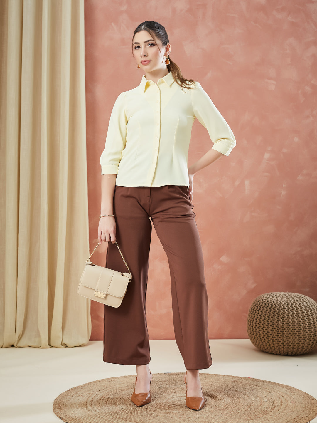 Latin Quarters Women's Yellow 3/4Th Sleeves Solid Collar Neck Formal Shirt