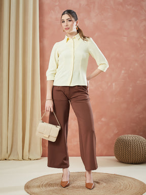 Latin Quarters Women's Yellow 3/4Th Sleeves Solid Collar Neck Formal Shirt