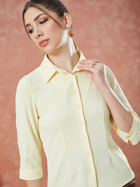 Latin Quarters Women's Yellow 3/4Th Sleeves Solid Collar Neck Formal Shirt