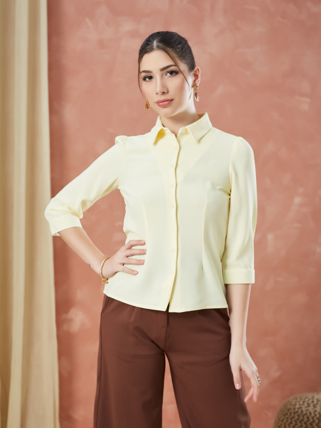Latin Quarters Women's Yellow 3/4Th Sleeves Solid Collar Neck Formal Shirt