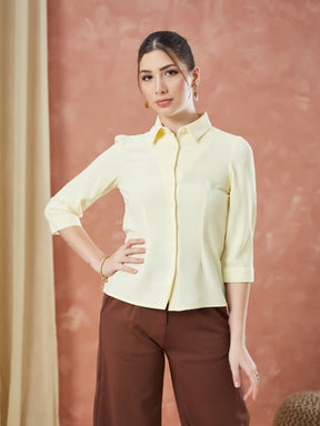 Latin Quarters Women's Yellow 3/4Th Sleeves Solid Collar Neck Formal Shirt
