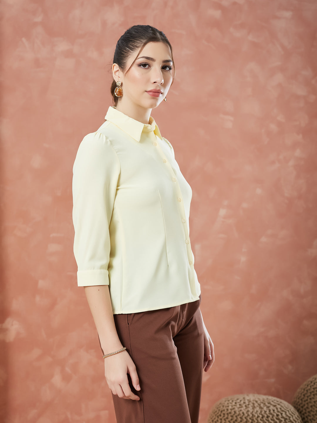 Latin Quarters Women's Yellow 3/4Th Sleeves Solid Collar Neck Formal Shirt