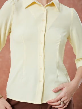 Latin Quarters Women's Yellow 3/4Th Sleeves Solid Collar Neck Formal Shirt