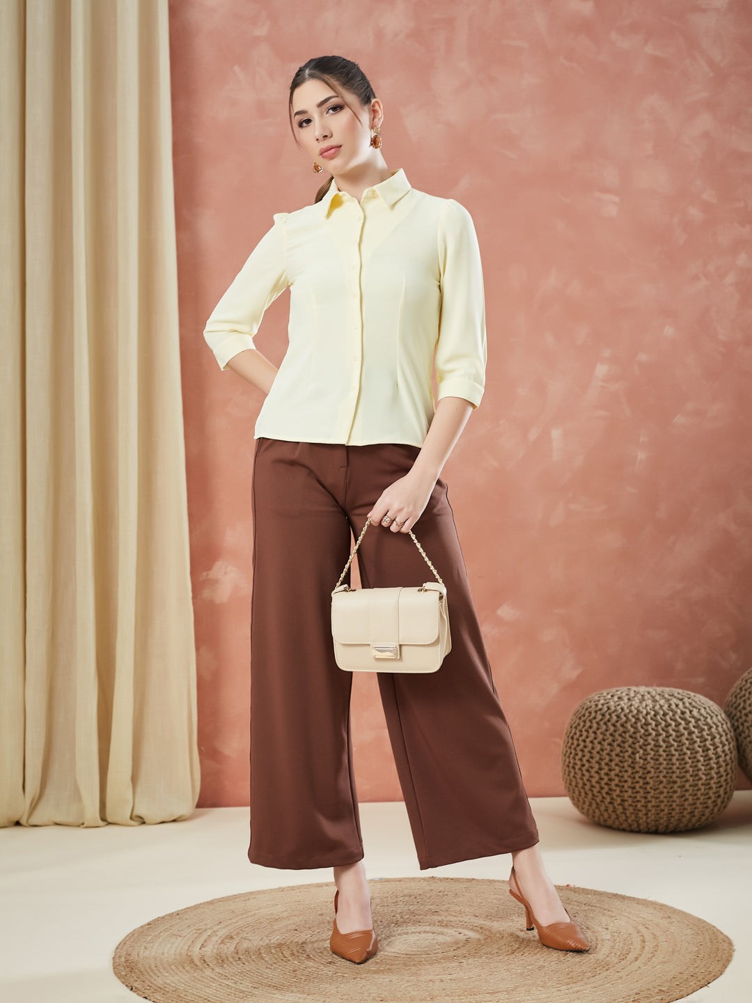 Latin Quarters Women's Yellow 3/4Th Sleeves Solid Collar Neck Formal Shirt