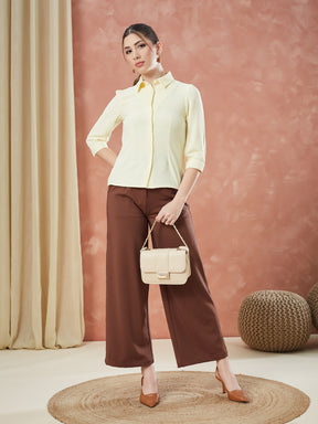 Latin Quarters Women's Yellow 3/4Th Sleeves Solid Collar Neck Formal Shirt