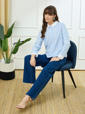 Latin Quarters Women's Blue Full Sleeves Collar Neck Casual Stripes Shirt