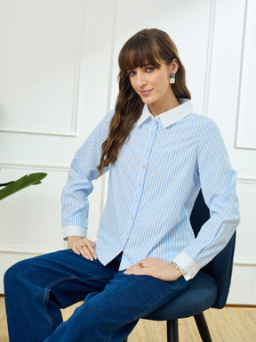 Latin Quarters Women's Blue Full Sleeves Collar Neck Casual Stripes Shirt