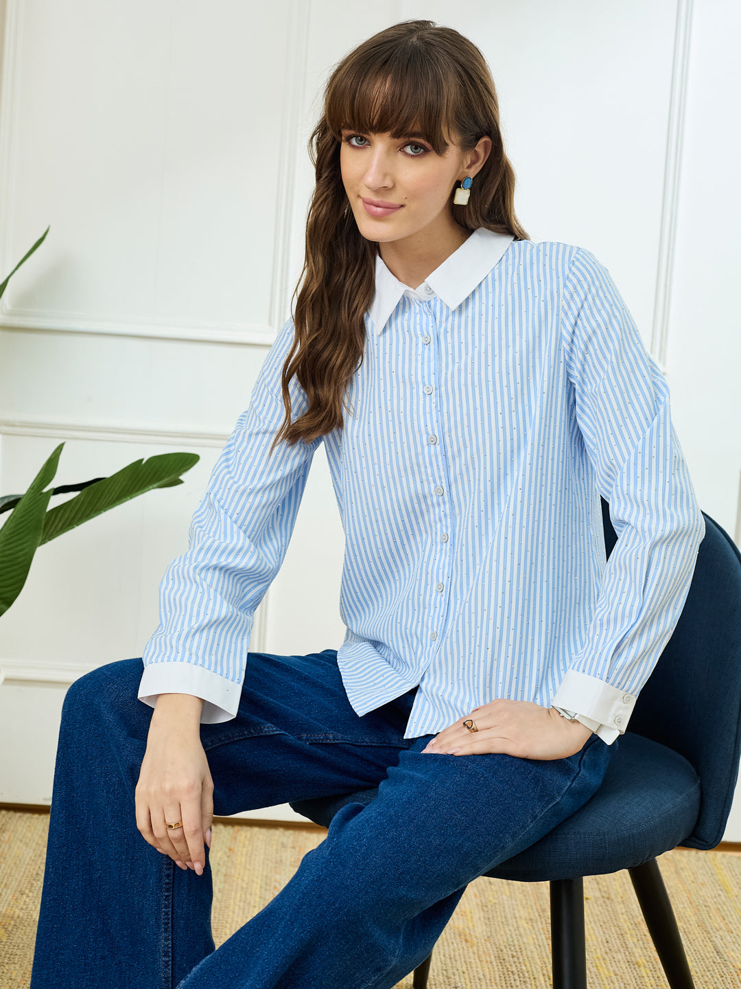 Latin Quarters Women's Blue Full Sleeves Collar Neck Casual Stripes Shirt