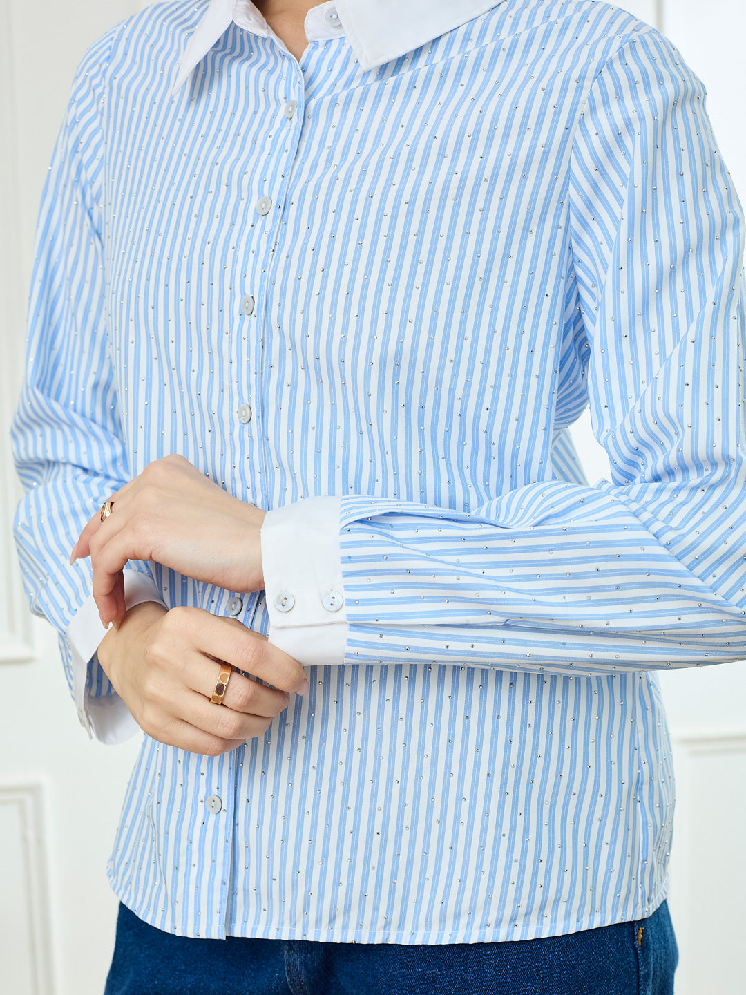 Latin Quarters Women's Blue Full Sleeves Collar Neck Casual Stripes Shirt