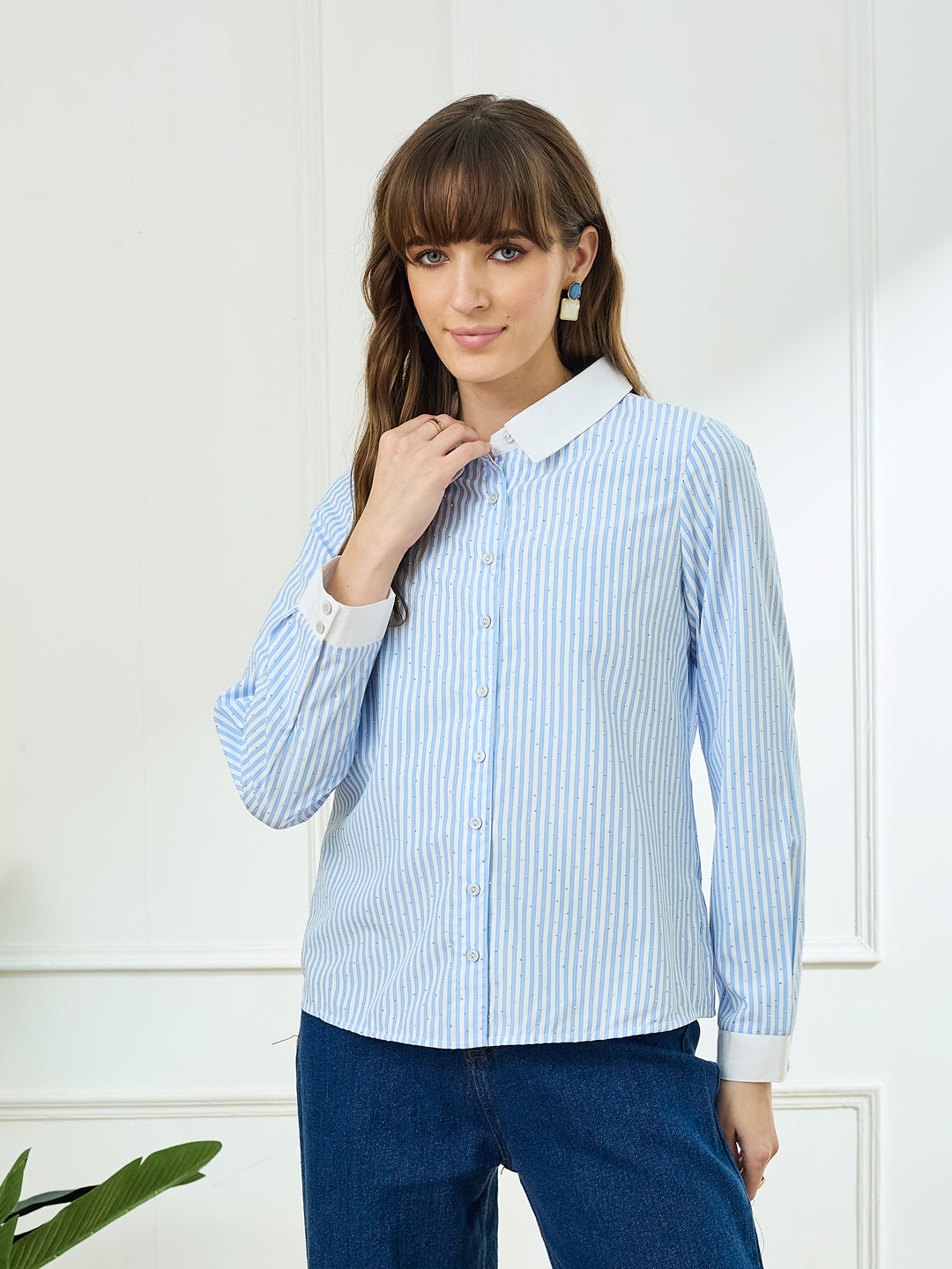 Latin Quarters Women's Blue Full Sleeves Collar Neck Casual Stripes Shirt