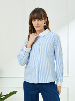 Latin Quarters Women's Blue Full Sleeves Collar Neck Casual Stripes Shirt