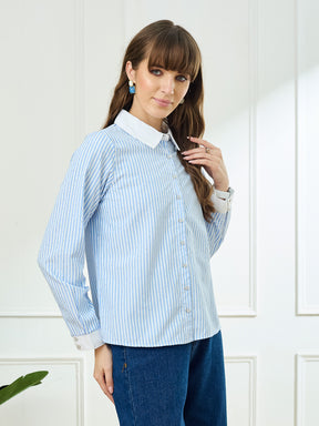 Latin Quarters Women's Blue Full Sleeves Collar Neck Casual Stripes Shirt