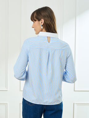 Latin Quarters Women's Blue Full Sleeves Collar Neck Casual Stripes Shirt