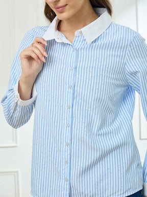 Latin Quarters Women's Blue Full Sleeves Collar Neck Casual Stripes Shirt