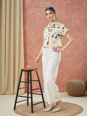 Latin Quarters Women's Beige Cap Sleeves Printed Collar Neck Casual Shirt