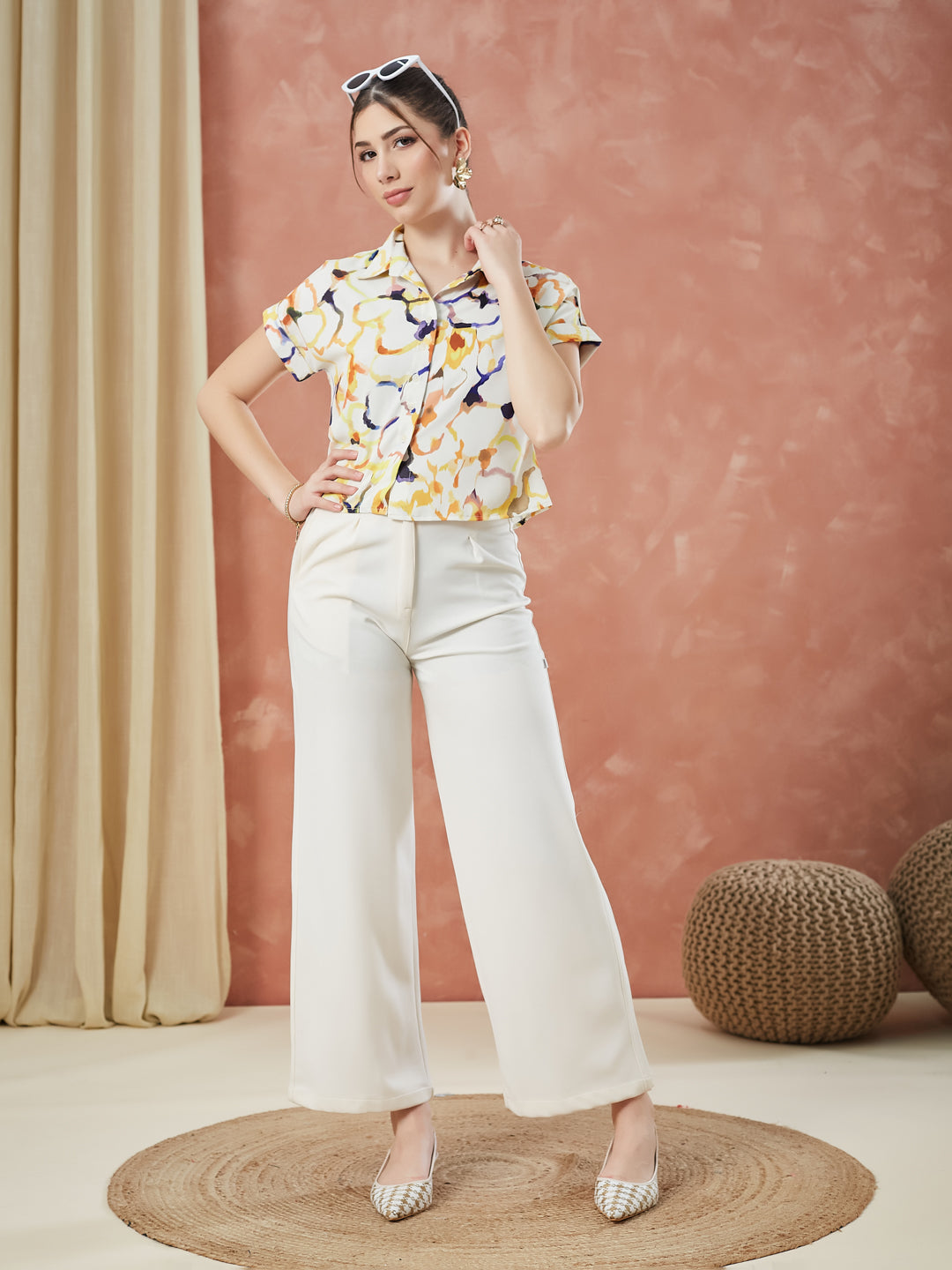 Latin Quarters Women's Beige Cap Sleeves Printed Collar Neck Casual Shirt