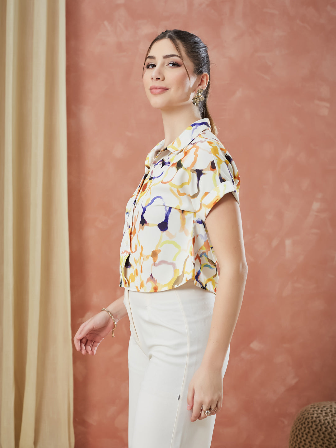 Latin Quarters Women's Beige Cap Sleeves Printed Collar Neck Casual Shirt
