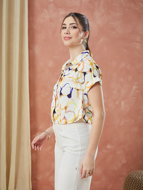 Latin Quarters Women's Beige Cap Sleeves Printed Collar Neck Casual Shirt