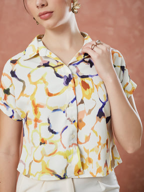 Latin Quarters Women's Beige Cap Sleeves Printed Collar Neck Casual Shirt