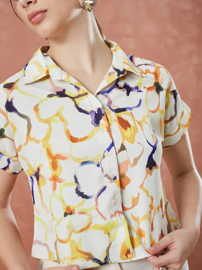 Latin Quarters Women's Beige Cap Sleeves Printed Collar Neck Casual Shirt
