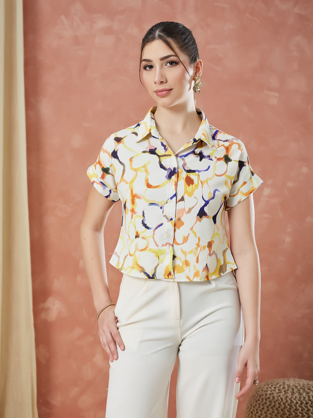 Latin Quarters Women's Beige Cap Sleeves Printed Collar Neck Casual Shirt