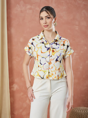 Latin Quarters Women's Beige Cap Sleeves Printed Collar Neck Casual Shirt