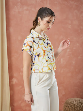 Latin Quarters Women's Beige Cap Sleeves Printed Collar Neck Casual Shirt