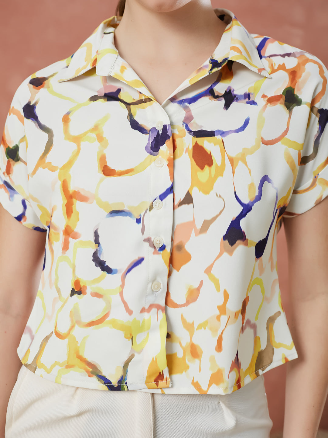 Latin Quarters Women's Beige Cap Sleeves Printed Collar Neck Casual Shirt