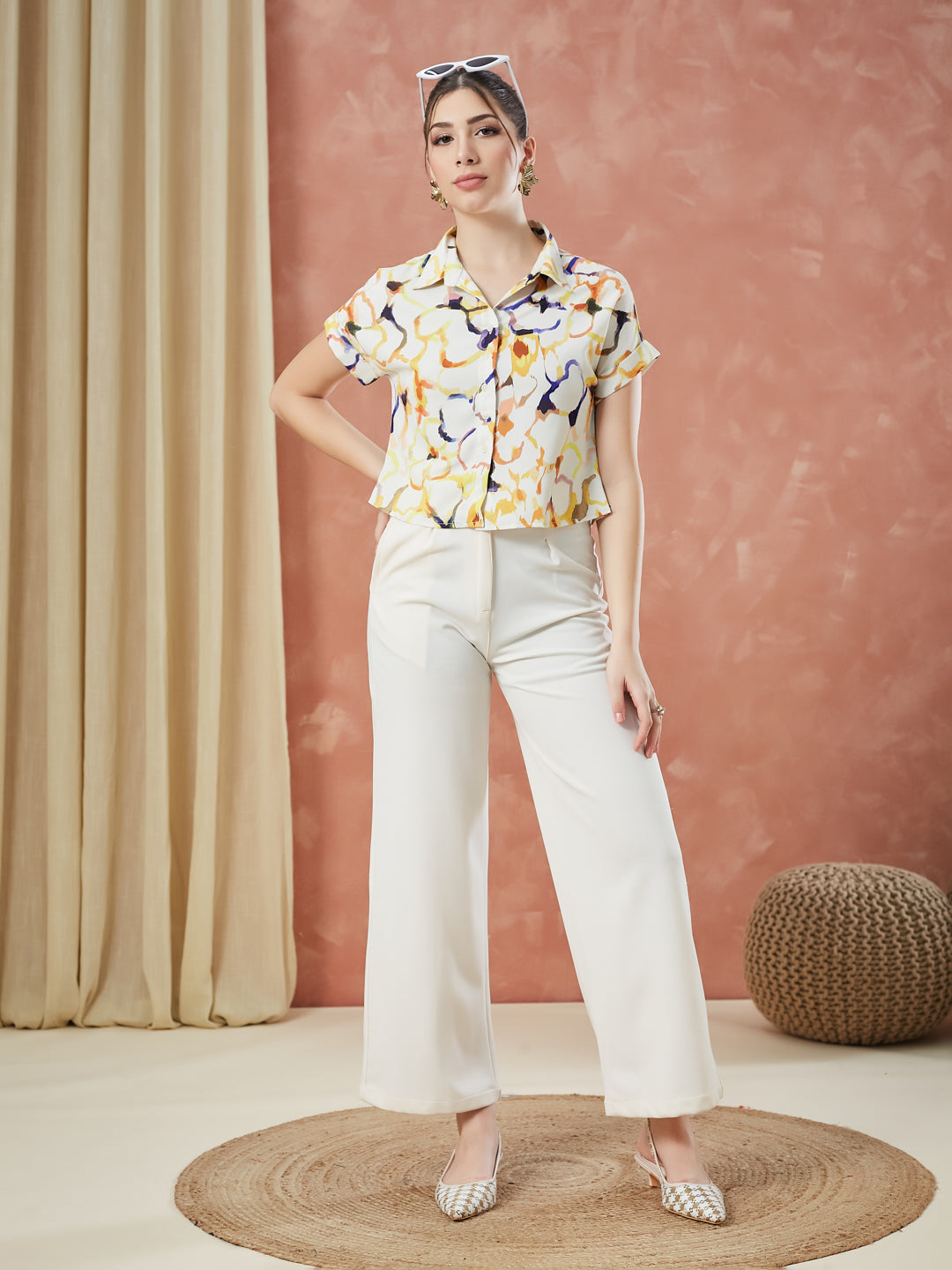 Latin Quarters Women's Beige Cap Sleeves Printed Collar Neck Casual Shirt