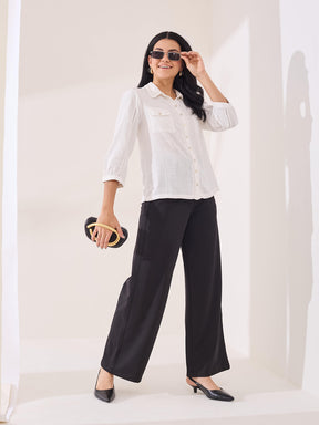 Latin Quarters Women's White Solid 3/4th Sleeve Collar Neck Casual Shirt