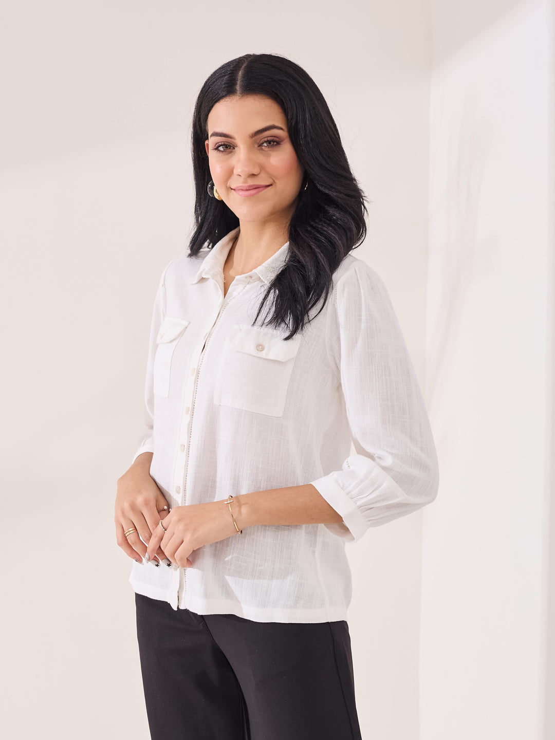 Latin Quarters Women's White Solid 3/4th Sleeve Collar Neck Casual Shirt