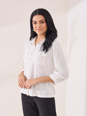 Latin Quarters Women's White Solid 3/4th Sleeve Collar Neck Casual Shirt