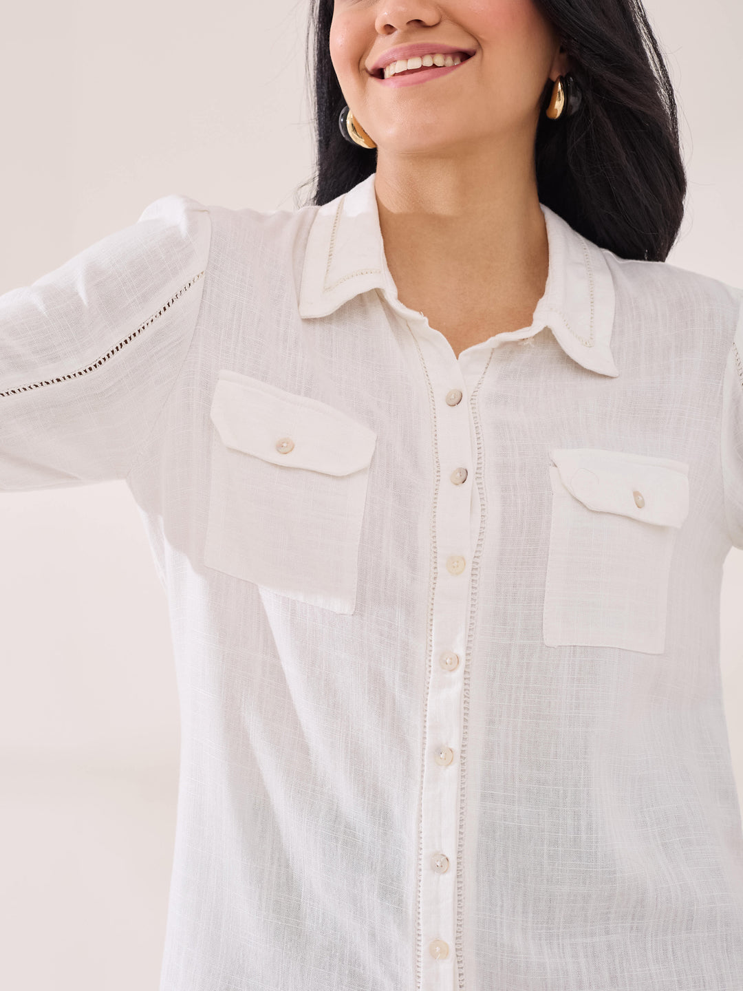 Latin Quarters Women's White Solid 3/4th Sleeve Collar Neck Casual Shirt