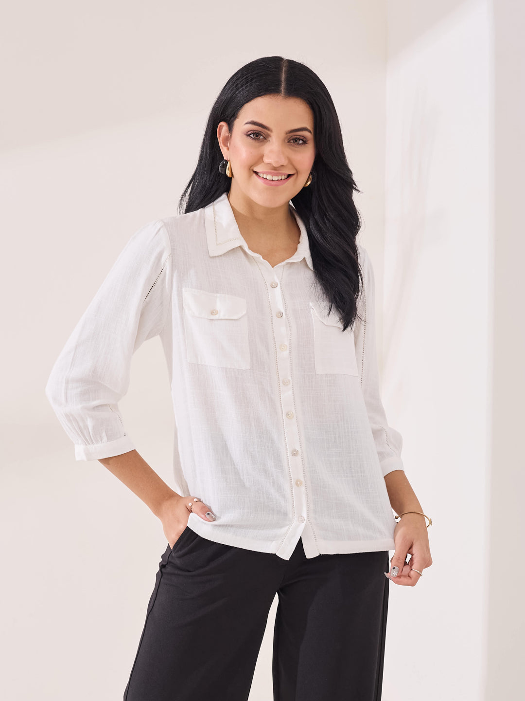 Latin Quarters Women's White Solid 3/4th Sleeve Collar Neck Casual Shirt